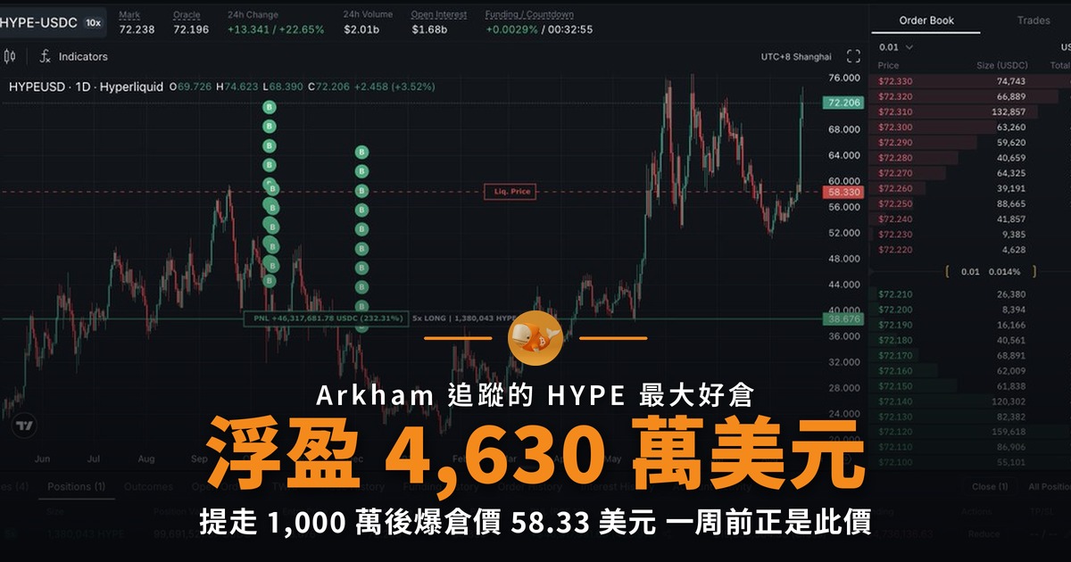 HYPE 巨鯨浮盈 4,630 萬美元 爆倉線只差兩成