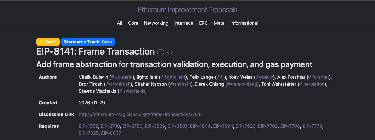 EIP-8141 官方規格頁的狀態欄