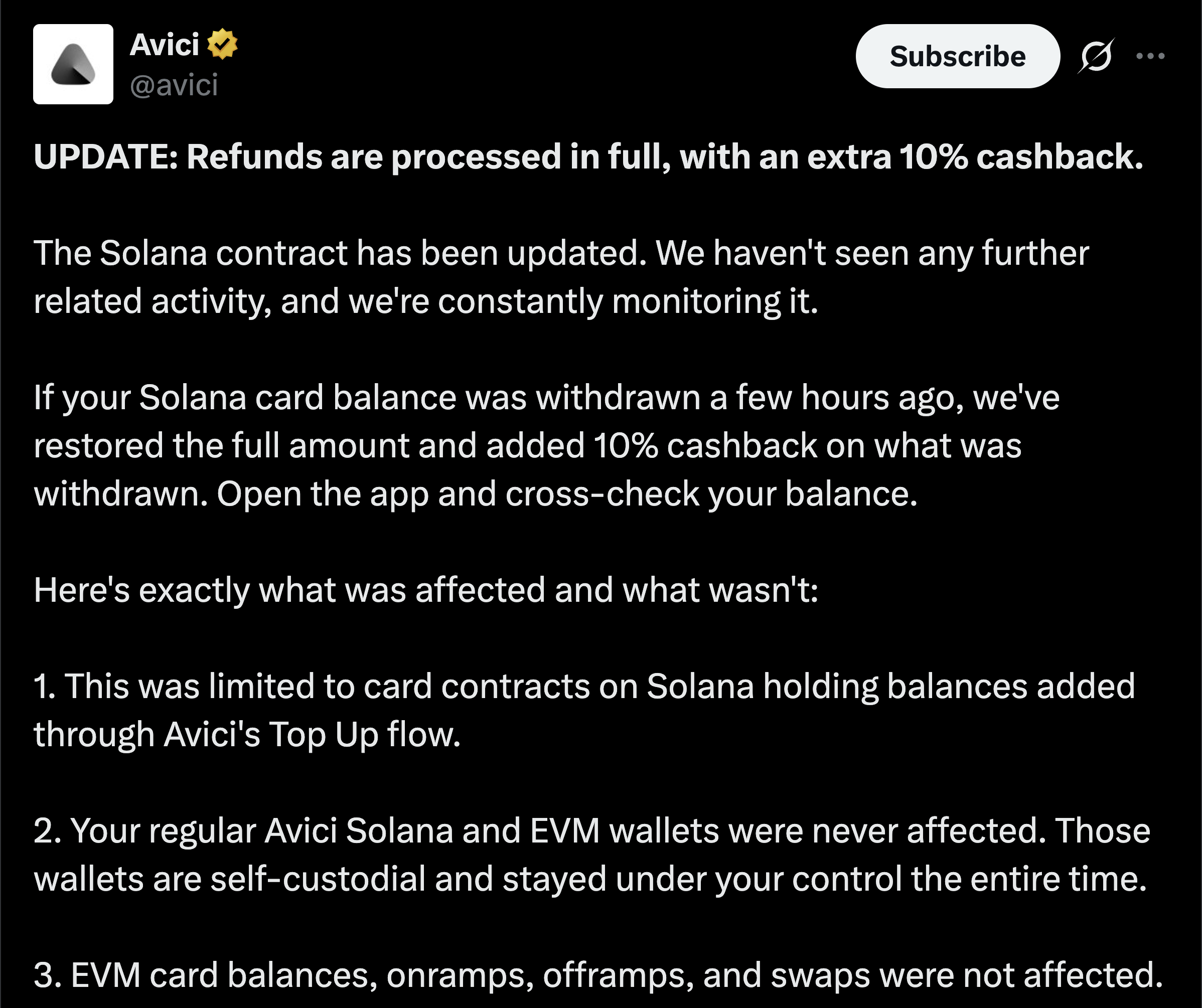 Avici 公布退款完成,並列出受影響與未受影響的範圍