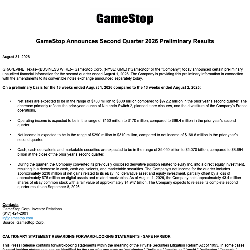 GameStop 第二季初步業績新聞稿