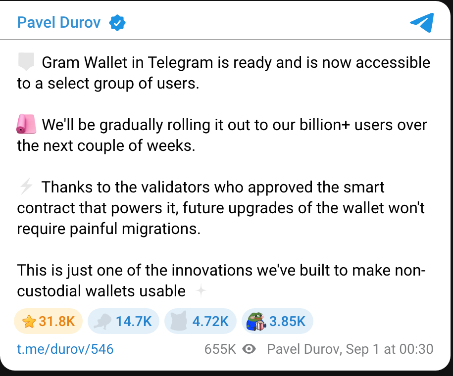 Pavel Durov 公布 Gram Wallet 開放首批用戶的帖文