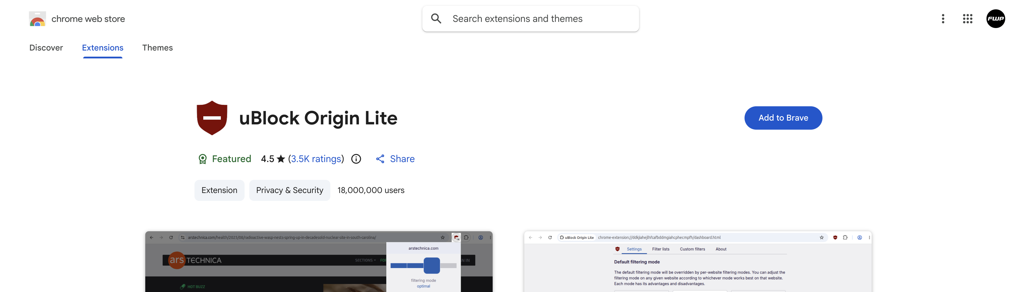 uBlock Origin Lite 的 Chrome 線上應用程式商店頁面