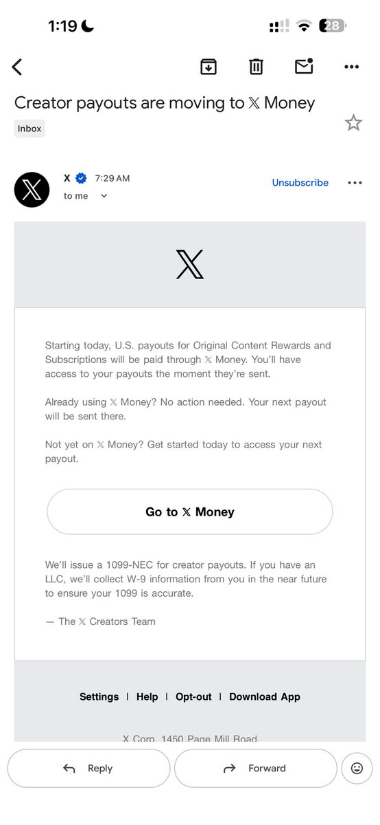 X 在 9 月 2 日發出的創作者電郵，標題為 Creator payouts are moving to X Money