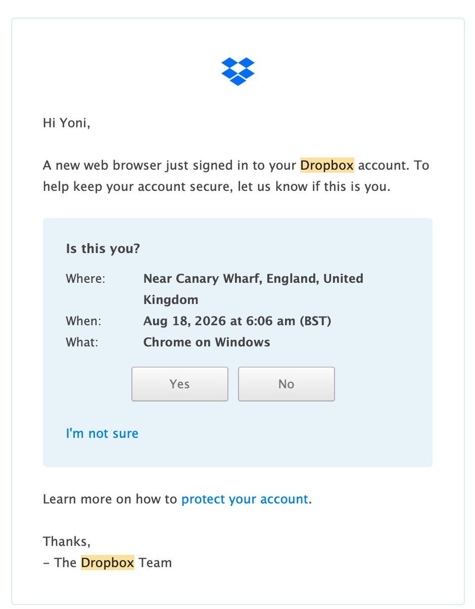 Dropbox 的新裝置登入提示電郵