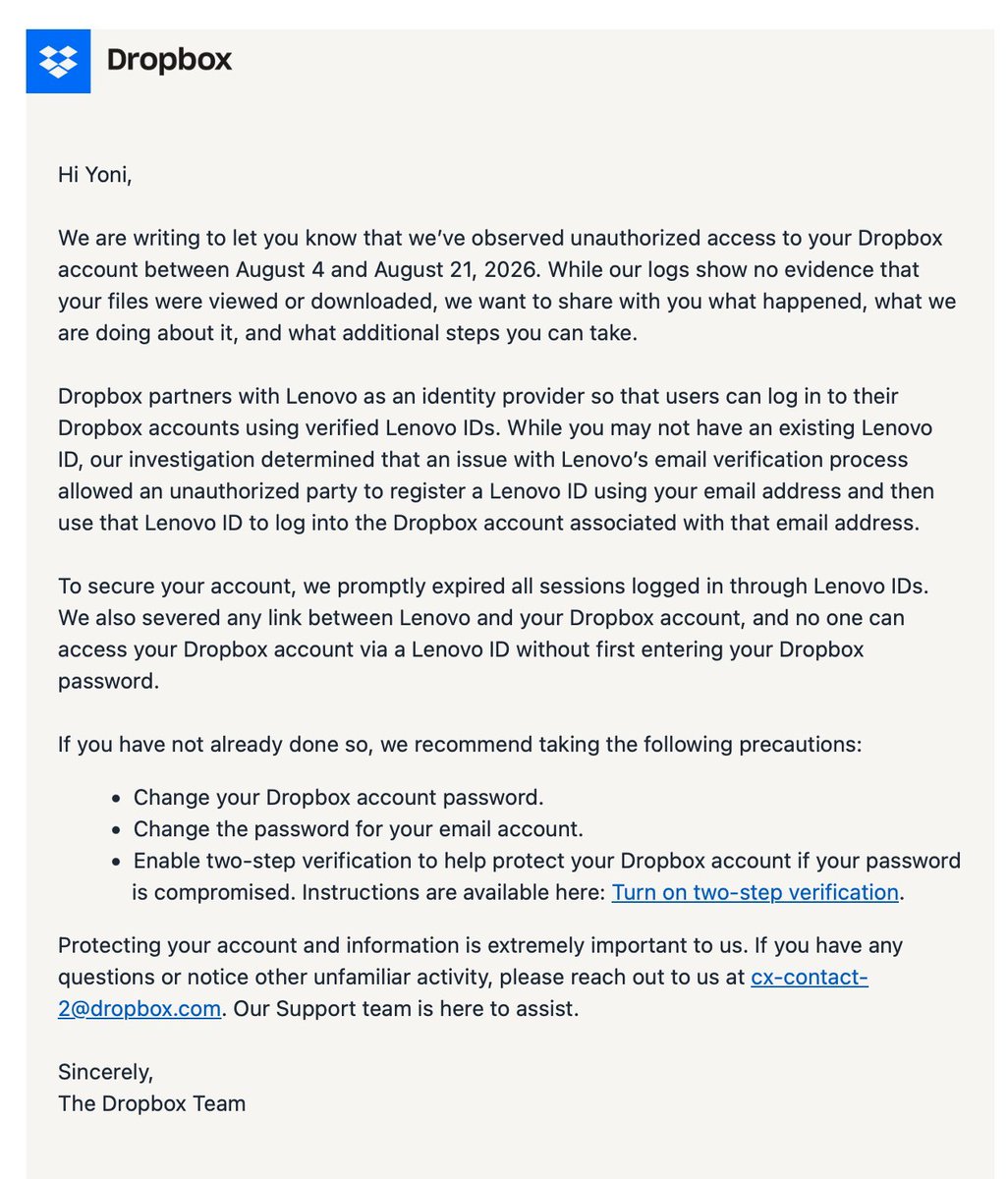 Dropbox 發給受影響用戶的通知信