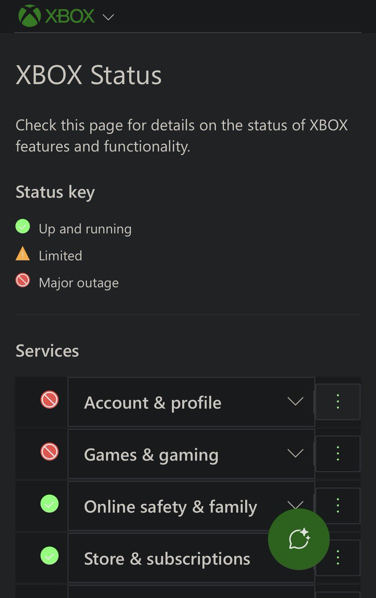 Xbox 官方狀態頁在事故期間的截圖