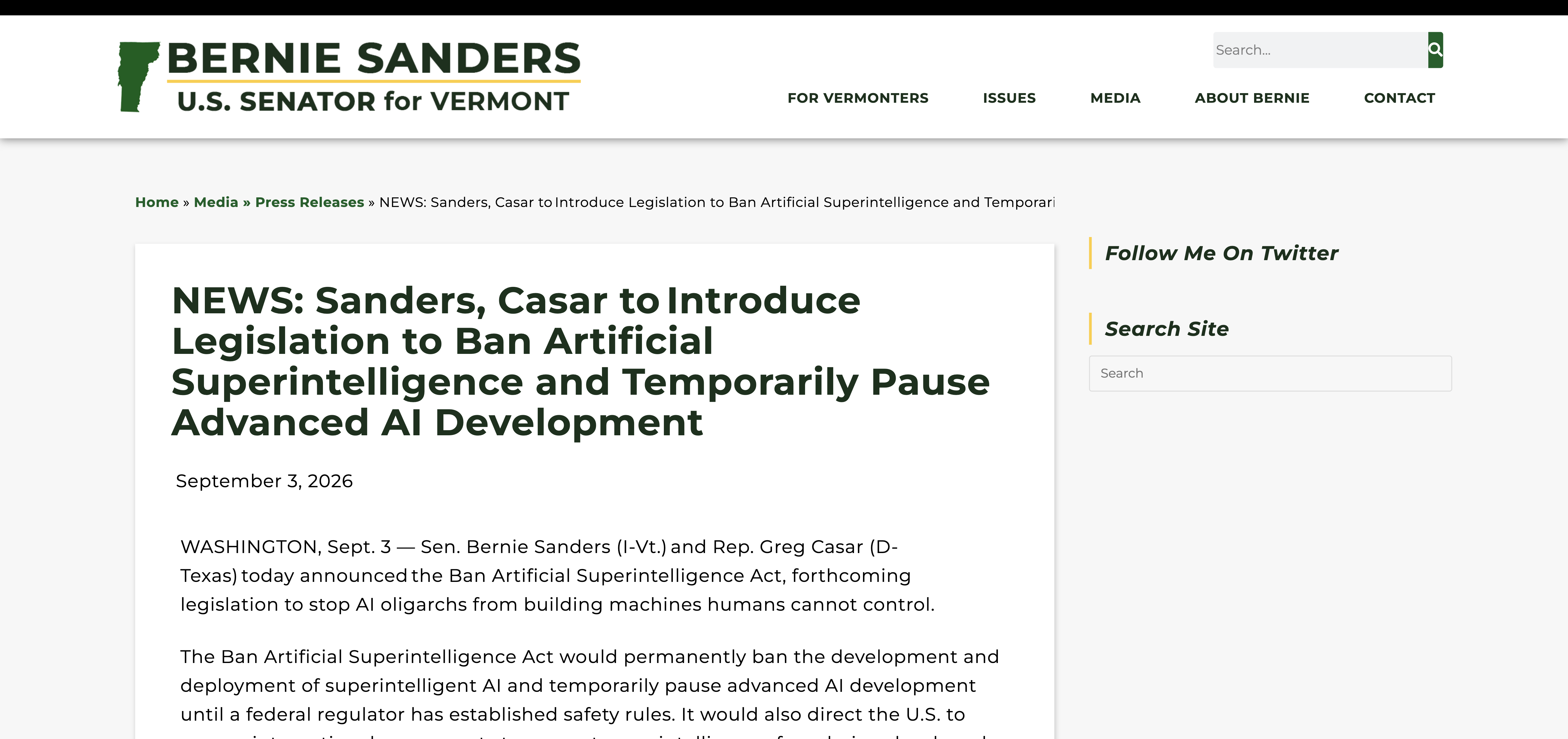 Sanders 辦公室 9 月 3 日發出的新聞稿