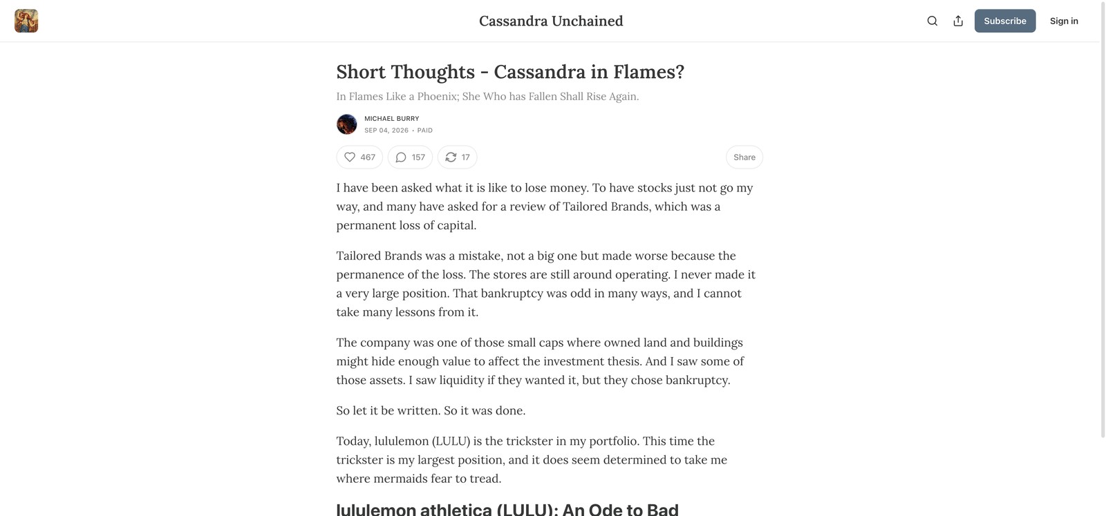 Michael Burry 的 Substack 文章