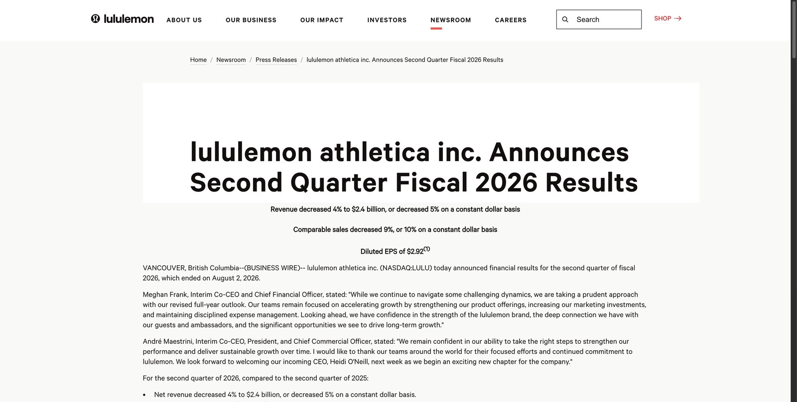 lululemon 第二季業績公告