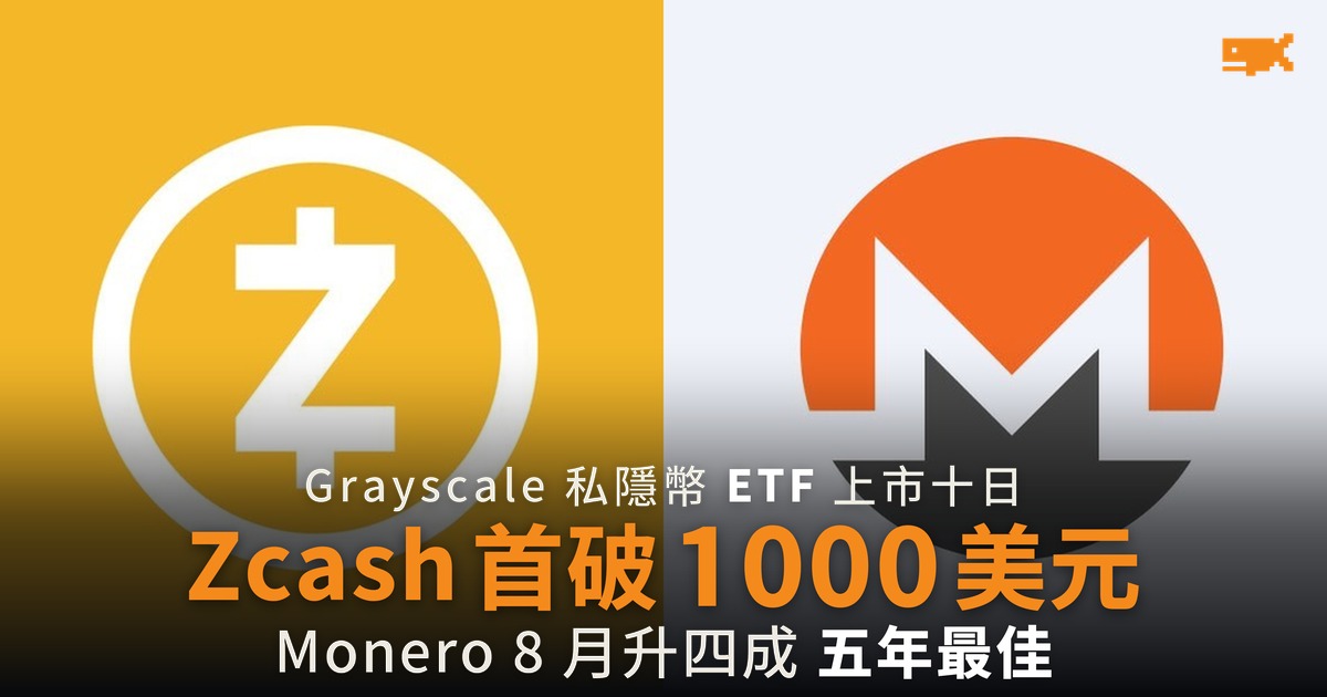 Zcash 首破 1000 美元 私隱幣單月升近一倍