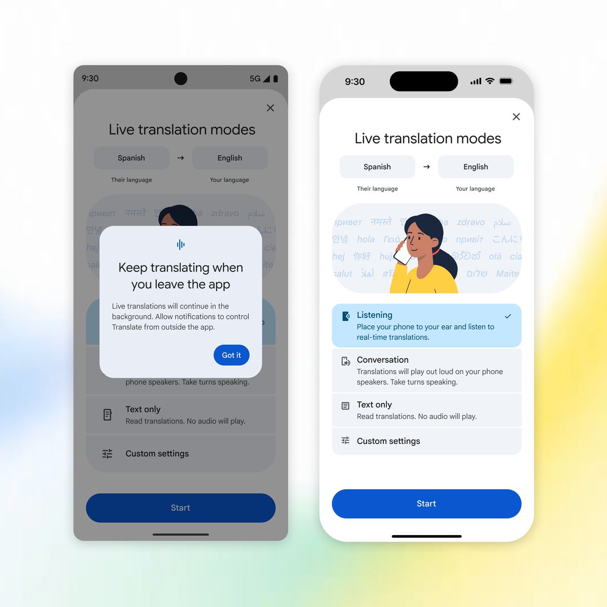 Google Translate 即時翻譯模式的設定畫面,左為 Android,右為 iOS