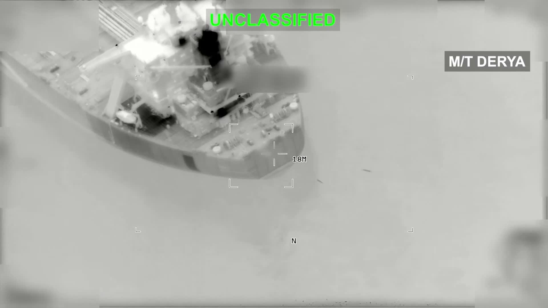 美軍中央司令部公開的解密影片,標示 M/T Derya 在哈爾克島附近中彈