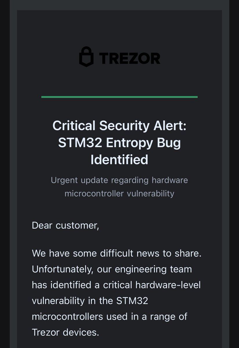 Trezor 用戶收到的釣魚郵件,標題訛稱 STM32 晶片發現熵值漏洞