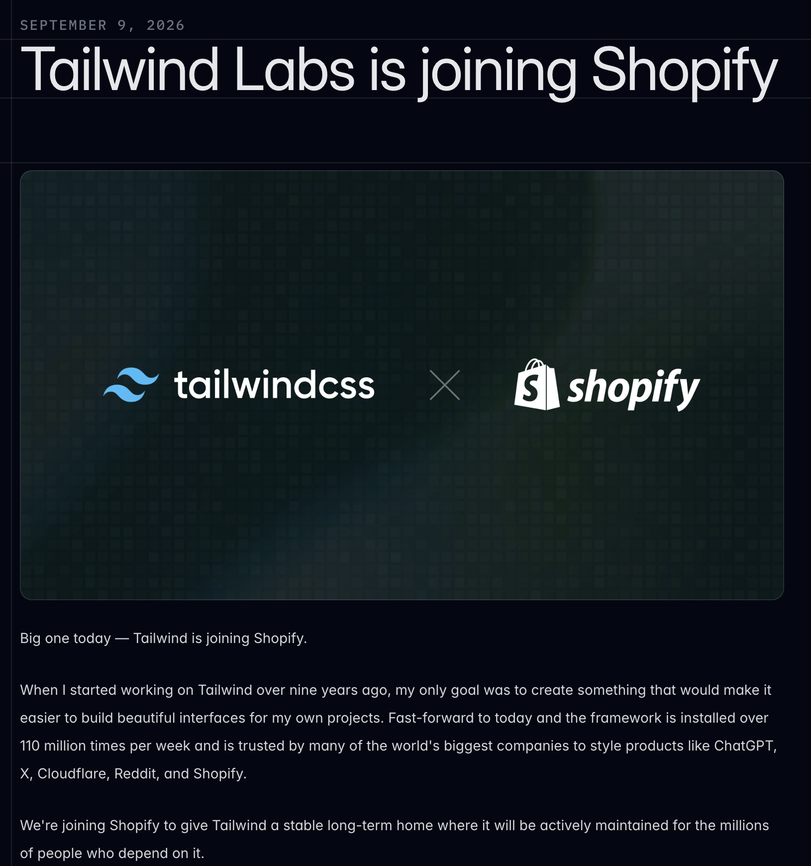 Adam Wathan 於 9 月 9 日發表的公告,標題為「Tailwind Labs is joining Shopify」