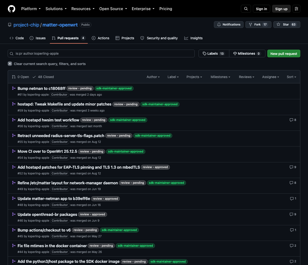 GitHub 上 matter-openwrt 程式碼庫按 ksperling-apple 帳戶篩選的改動列表