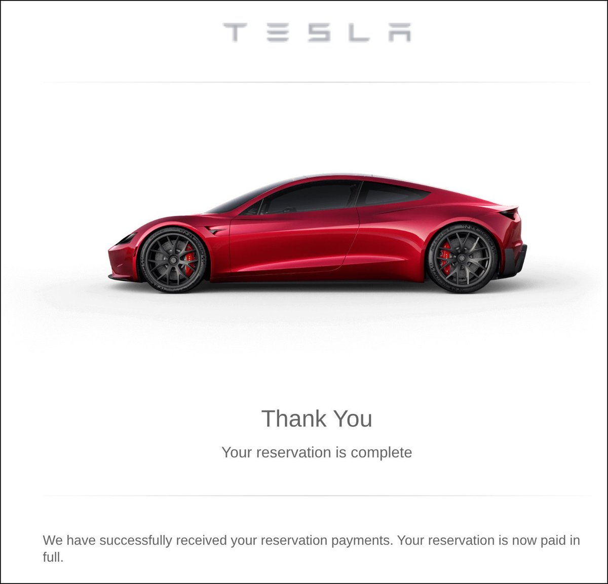 DHH 貼出的 Tesla Roadster 預訂確認電郵