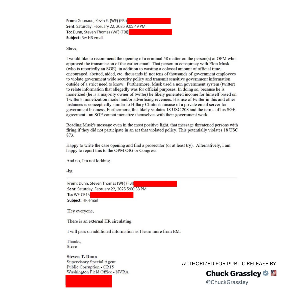 FBI 特工 Kevin Gounaud 2025 年 2 月 22 日發出的電郵