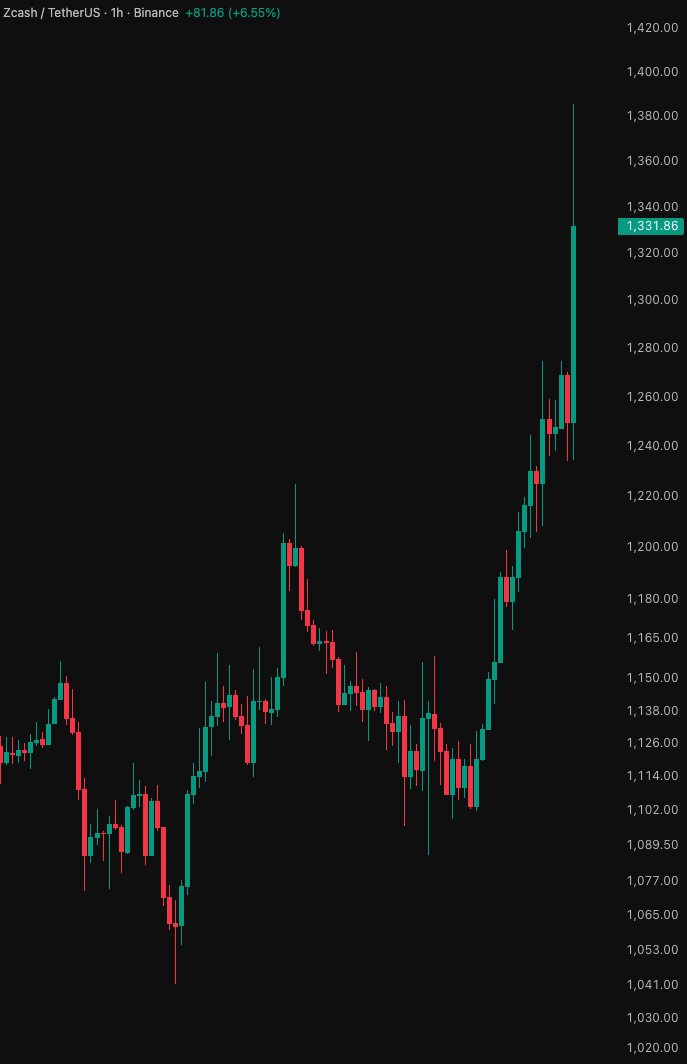 Binance 上 Zcash 兌 USDT 的一小時圖
