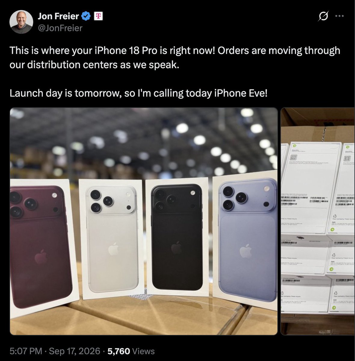 Jon Freier 貼出的 T-Mobile 配送中心照片,可見多色 iPhone 18 Pro 零售盒並排