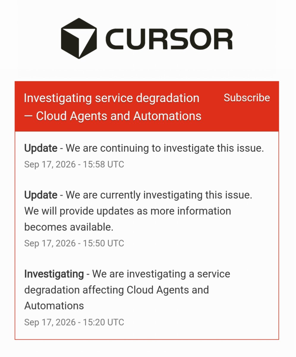 Cursor 官方 status 頁截圖,顯示 Cloud Agents and Automations 服務降級事故