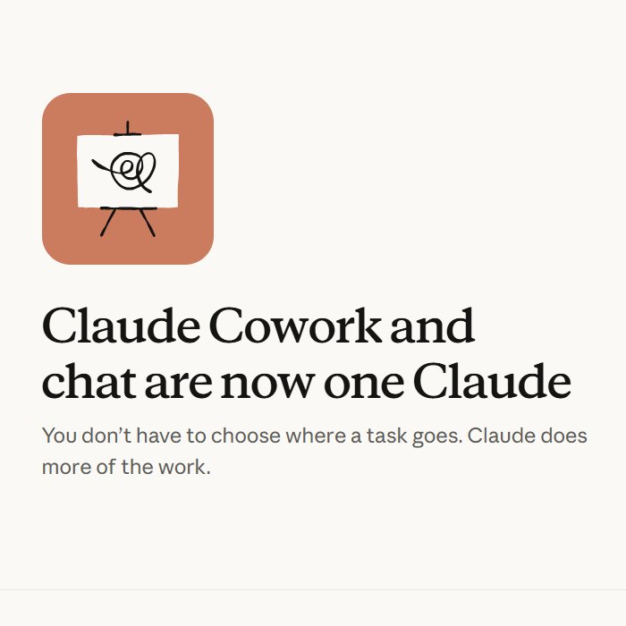 Anthropic 宣布 Claude Cowork 與聊天介面合併的公告圖