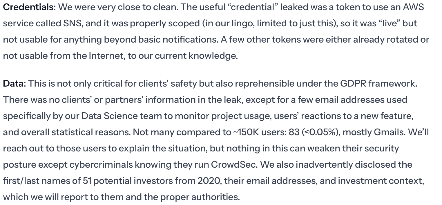 CrowdSec 事故分析報告中交代外洩資料的段落