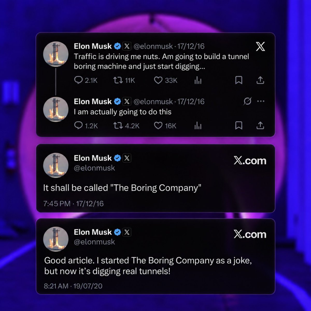Elon Musk 2016 年及 2020 年關於 The Boring Company 的貼文