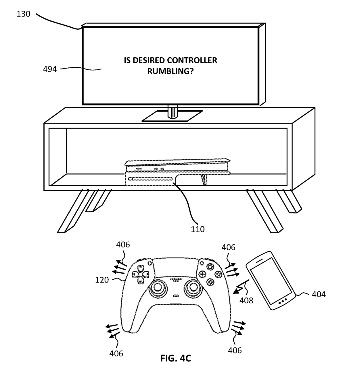 專利申請文件圖 4C,手機靠近 PlayStation 手掣,電視熒幕詢問手掣是否正在震動