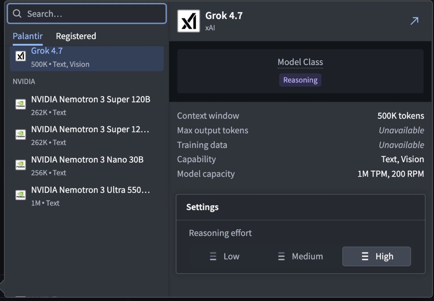 Palantir 平台模型清單截圖，Grok 4.7 列於首位，下方為四款 NVIDIA Nemotron 3 模型