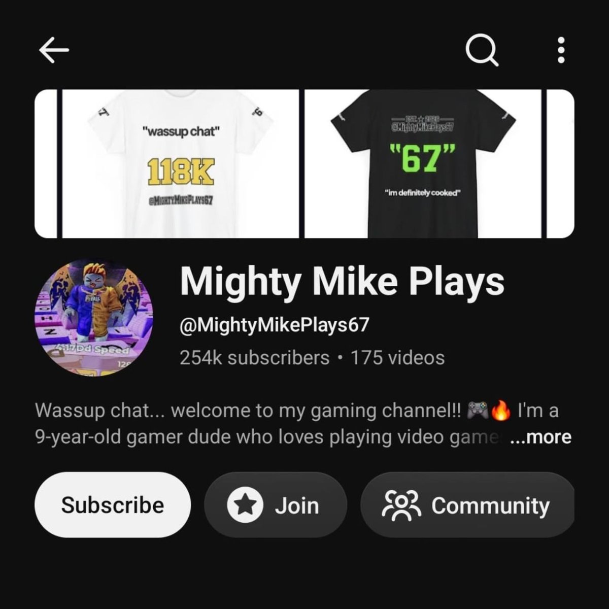Mighty Mike Plays YouTube 頻道主頁截圖，頂部展示印有 118K 字樣的 T 恤