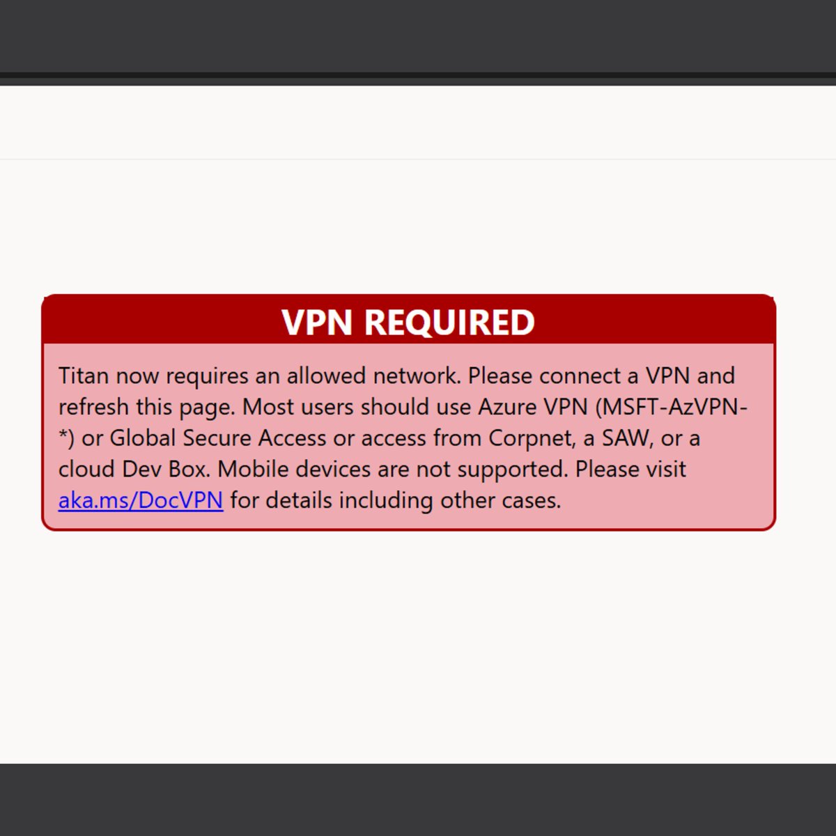 Titan 網頁版向非員工顯示的「VPN REQUIRED」提示頁