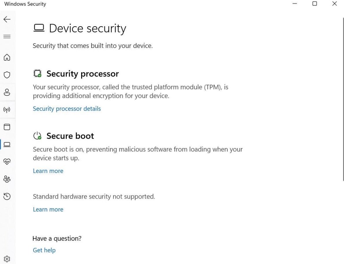 Windows 安全性的裝置安全性頁面