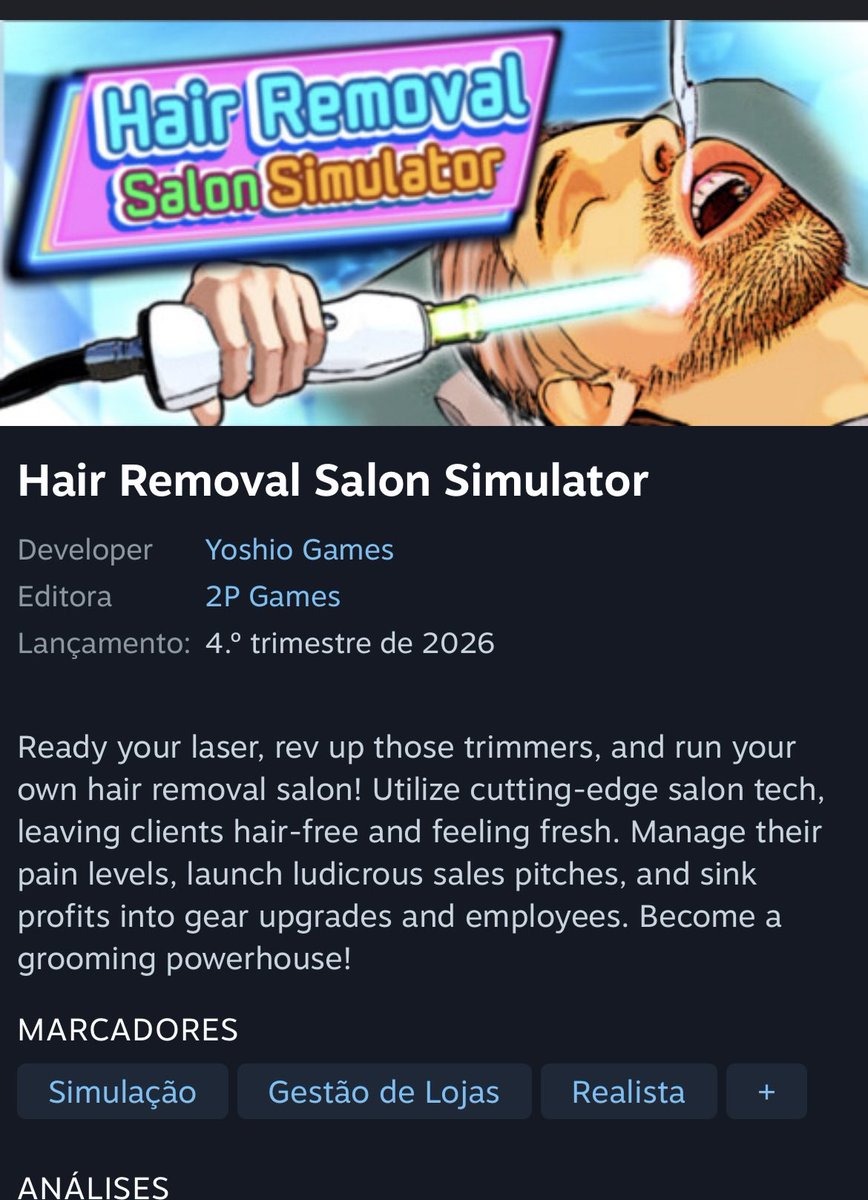 吉田修平點名的《Hair Removal Salon Simulator》Steam 商店頁,開發商 Yoshio Games,發行商 2P Games,預計 2026 年第四季推出