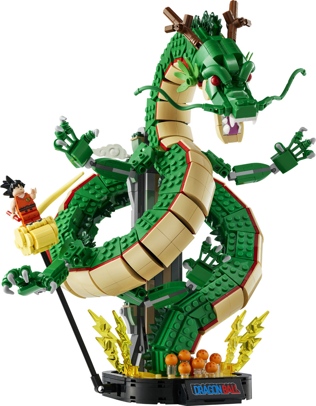 LEGO Icons 11390 神龍砌好後的官方圖片,神龍盤繞在展示底座上,底座放着七粒龍珠