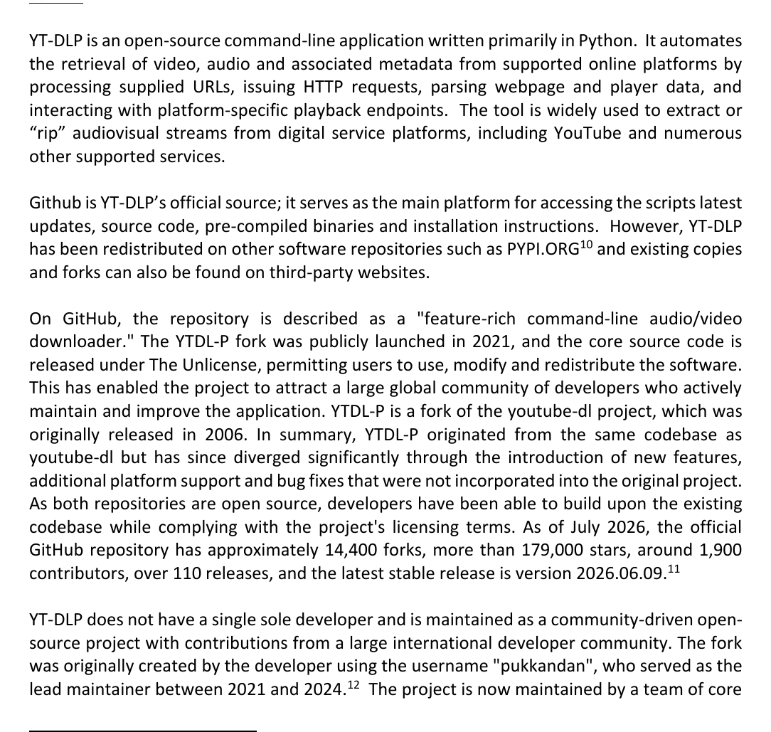 IFPI 提交文件第 14 頁 yt-dlp 一節