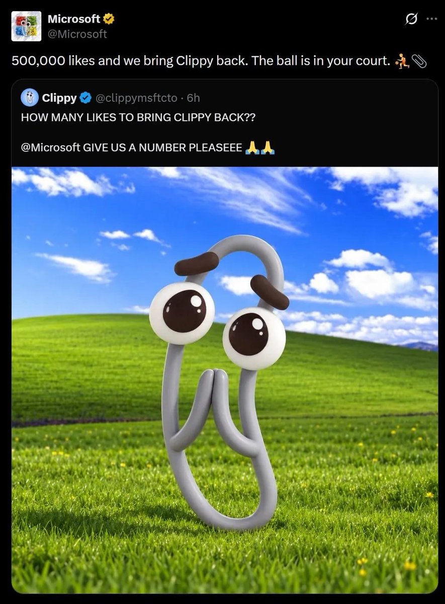 Microsoft 官方 X 帳號引用冒牌 Clippy 帳號的貼文