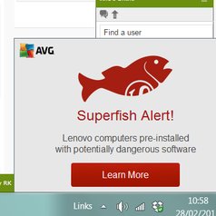 防毒軟件 AVG 當年向用戶彈出的 Superfish 警告，提醒 Lenovo 電腦預載了具潛在危險的軟件