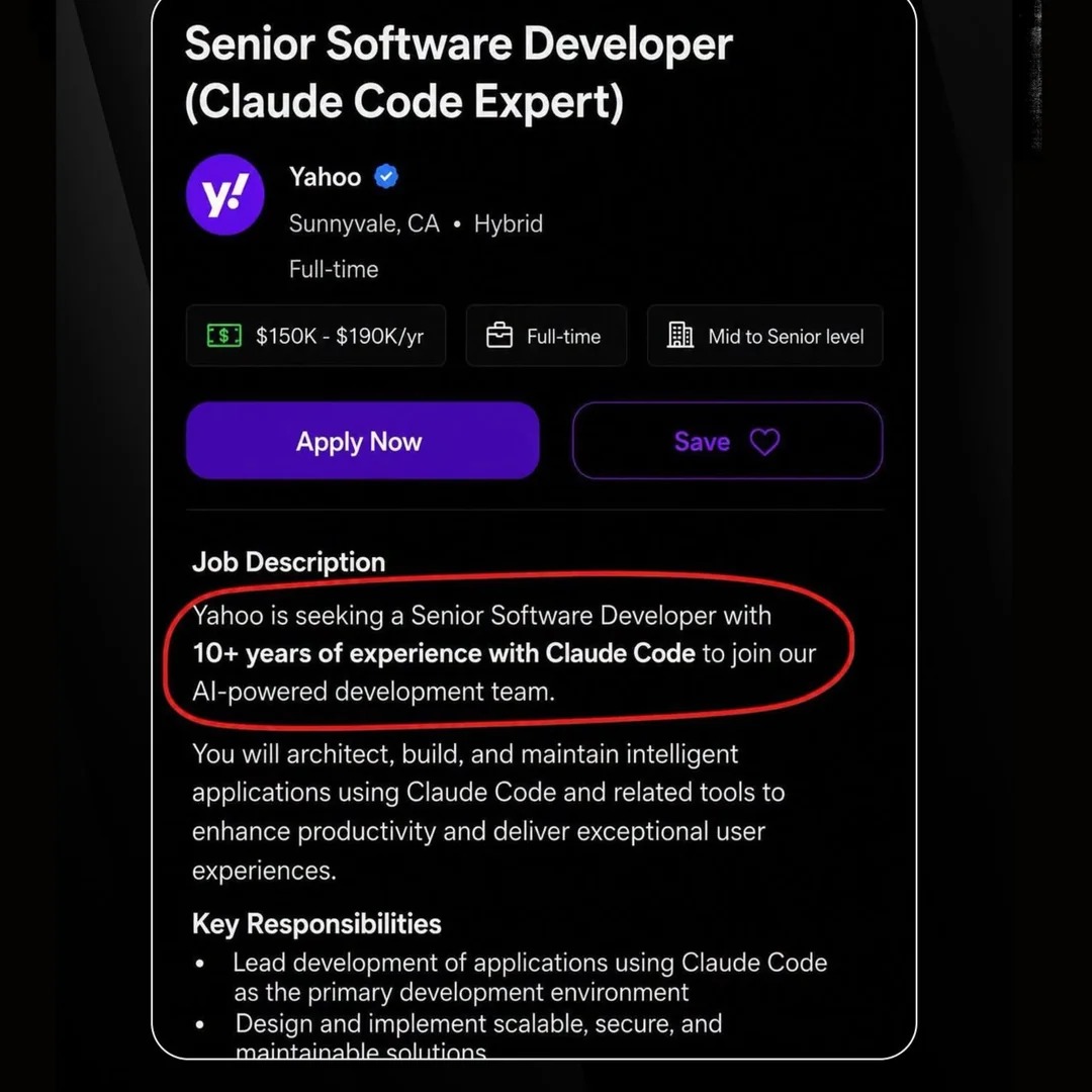 網上流傳的 Yahoo 招聘截圖,紅圈標示要求 10 年以上 Claude Code 經驗
