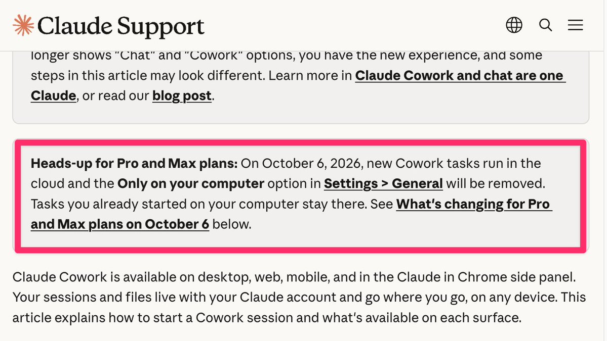 Claude 說明中心「Use Claude Cowork on web, desktop, and mobile」頁面頂部的 Pro 及 Max 方案提示，10 月 5 日截圖