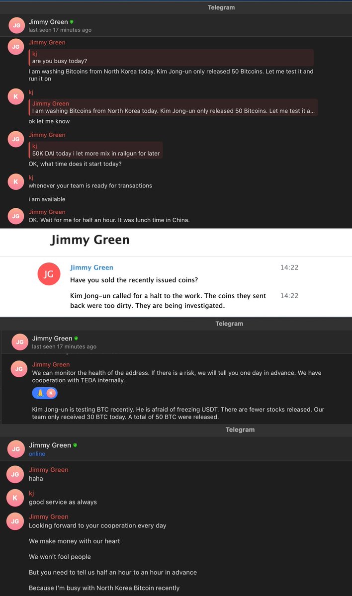 Jimmy Green 在 Telegram 對話中聲稱替北韓清洗比特幣