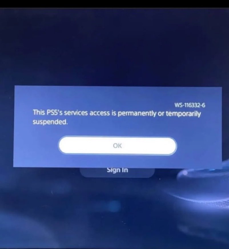 PS5 熒幕顯示錯誤碼 WS-116332-6，指主機的網絡服務已被永久或暫時停用