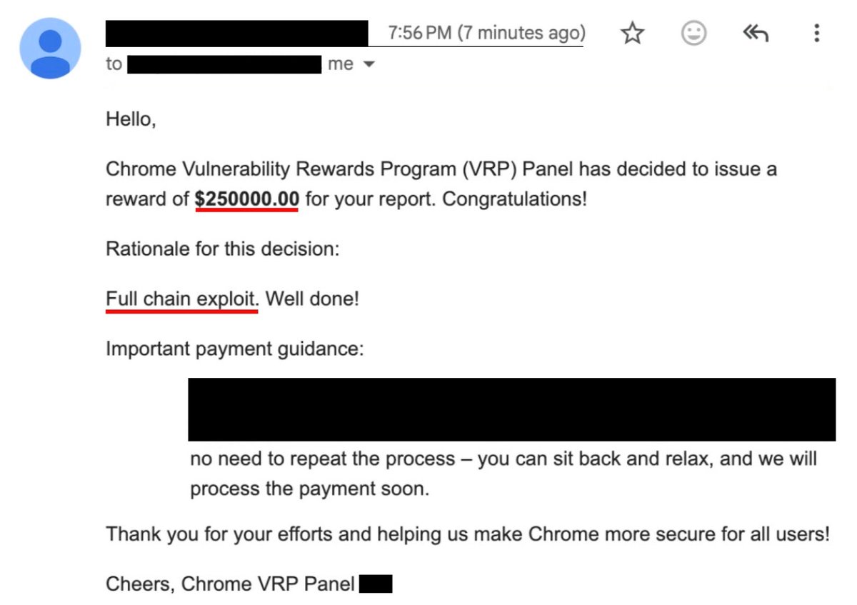 Chrome VRP 小組通知 XBOW 獲發 25 萬美元獎勵的電郵
