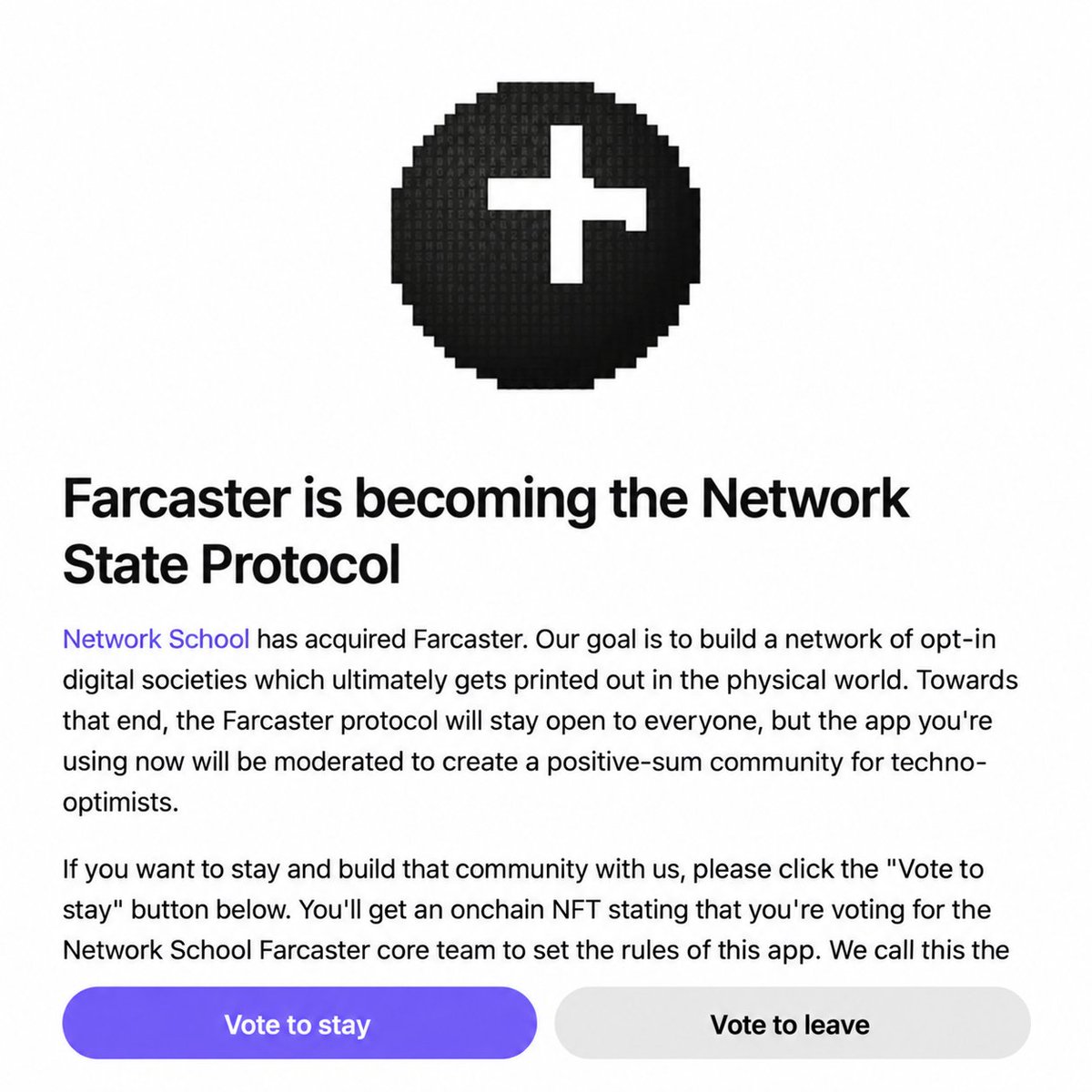 Farcaster App 內的公告畫面