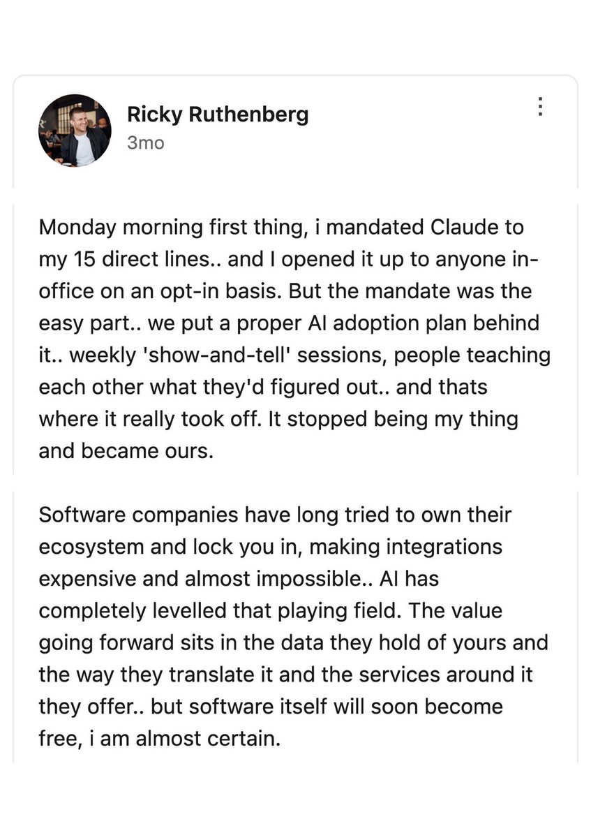 Ricky Ruthenberg 的 LinkedIn 帖文,談及要求 15 名直屬下屬使用 Claude