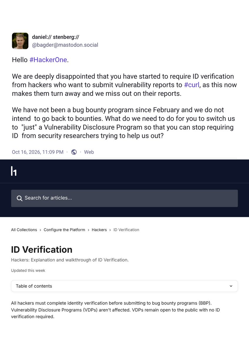 Daniel Stenberg 10 月 16 日的 Mastodon 帖文，下方為 HackerOne 身分驗證說明頁