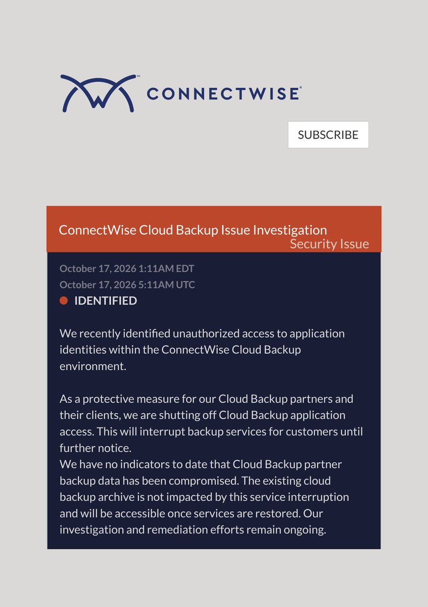ConnectWise 狀態頁公告