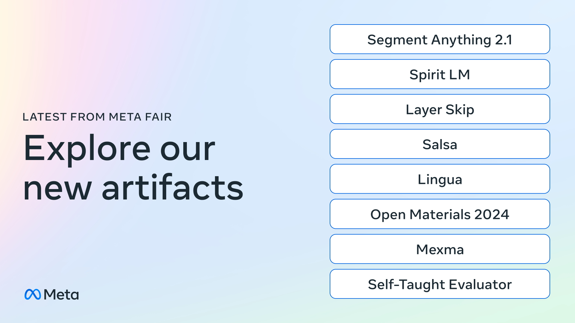 Meta FAIR 2024 年 10 月 18 日網誌的宣傳圖,列出當日發布的八項研究成果