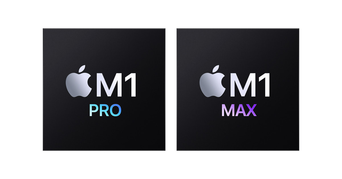 兩塊黑色晶片並排，左邊印有 M1 PRO，右邊印有 M1 MAX