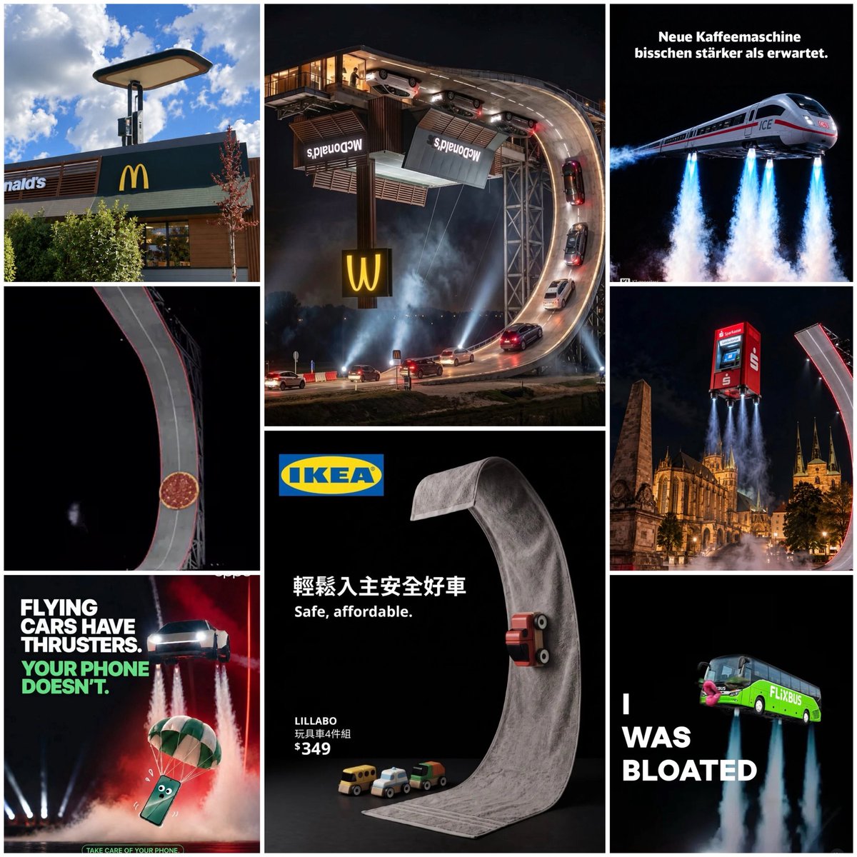 網上流傳的品牌改圖合集,包括 McDonald's 得來速彎道、德國鐵路 ICE 列車及 IKEA 台灣的毛巾彎道