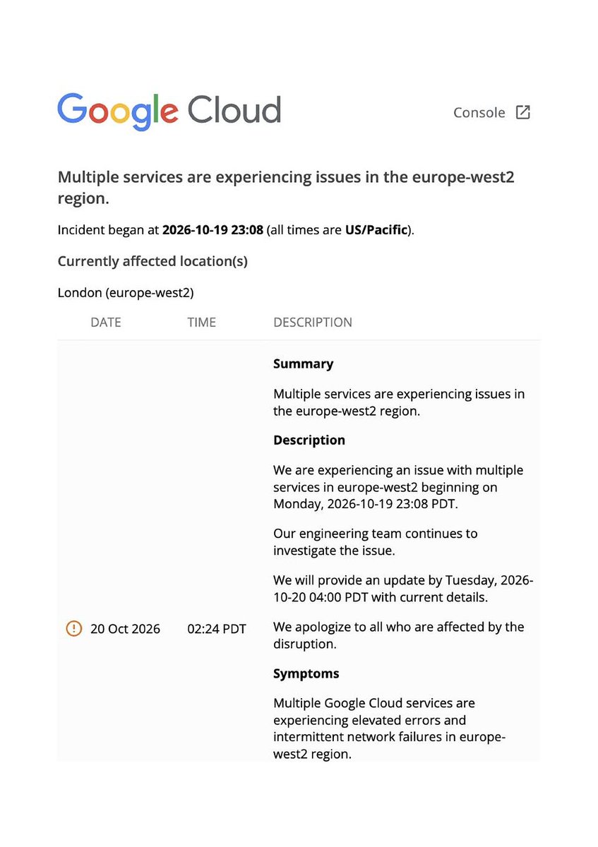 Google Cloud 狀態頁的 europe-west2 事故頁面